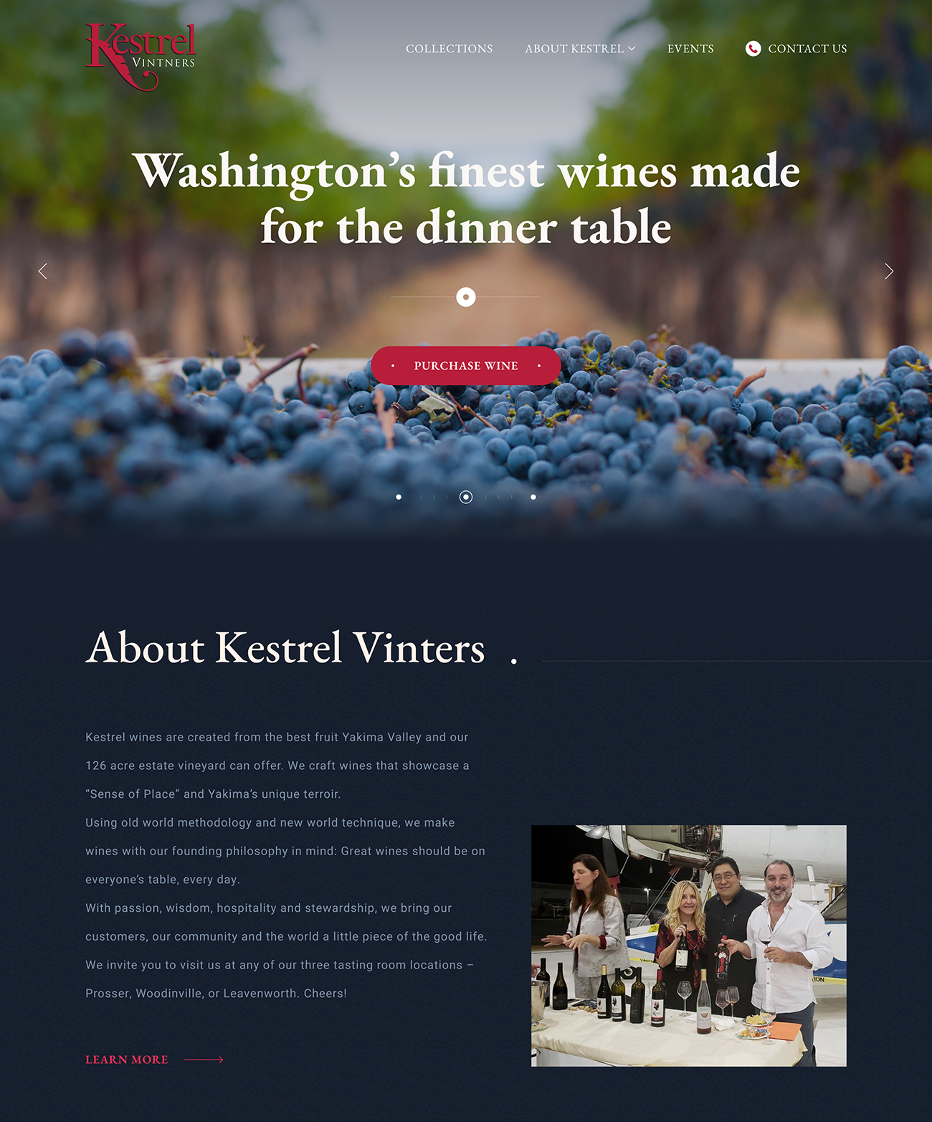 Главная страница Kestrel Vintners &mdash; ключевые UX-решения, видимые на живом сайте