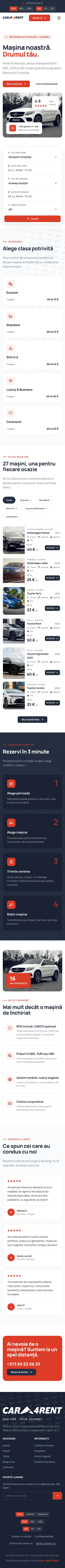 Captură a paginii principale Car4Rent pe mobil