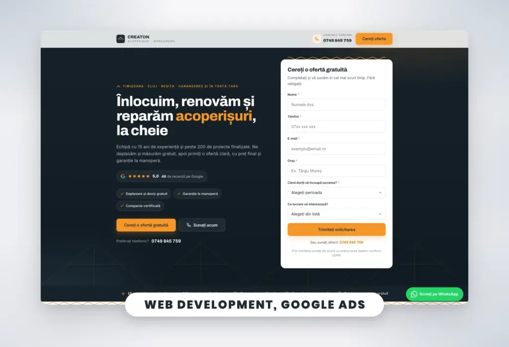 Creaton Acoperișuri Mansardări: Roofing Website & Google Ads