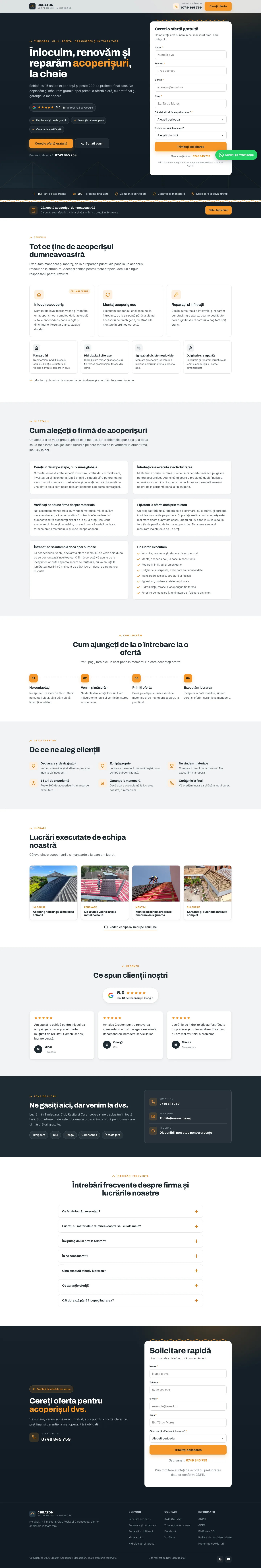Creaton Acoperișuri Mansardări homepage &mdash; key UX decisions visible on the live site