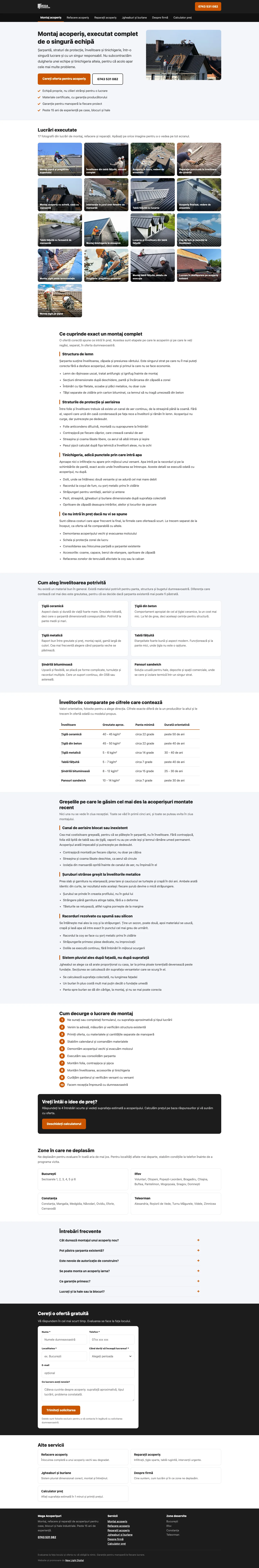 Mega Acoperișuri homepage &mdash; key UX decisions visible on the live site