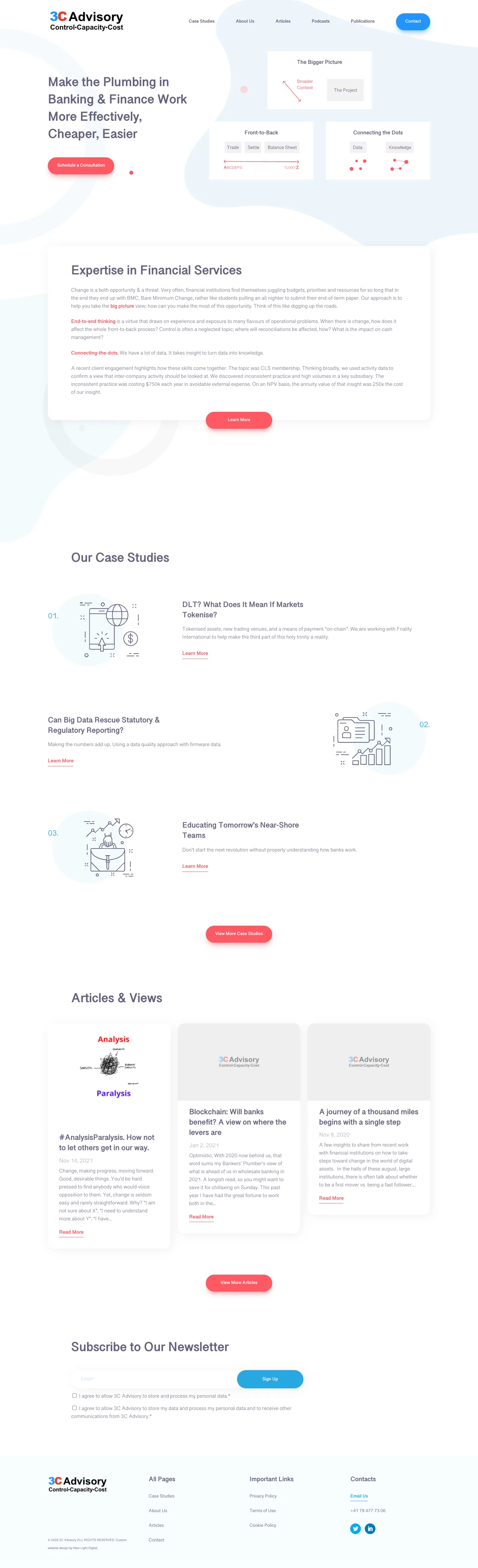 3C Advisory homepage: key UX decisions visible on the live site